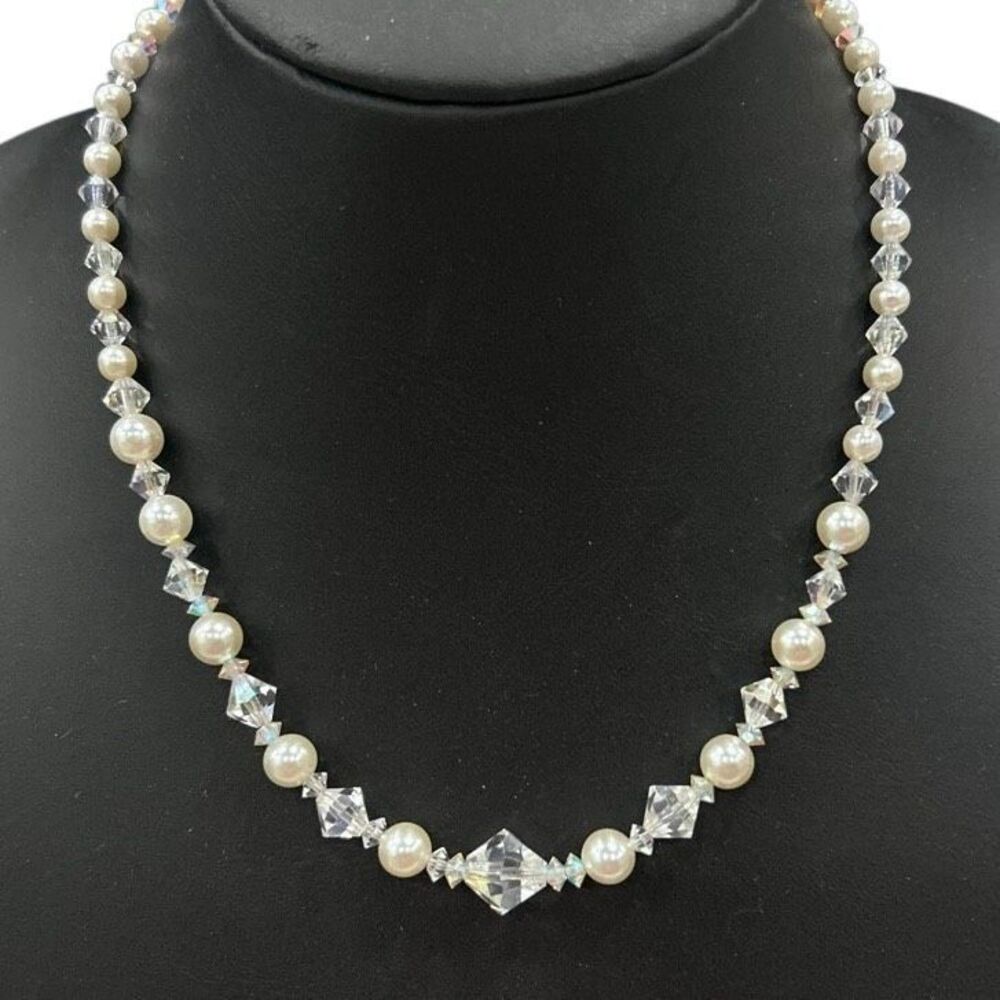 Vintage Faux Pearl Beaded Necklace White Imitation Pearls & Faceted AB Crystals